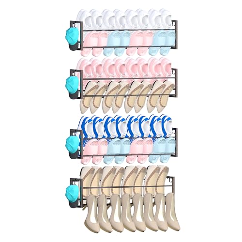 4 Pack Wall Mounted Shoe Rack for Narrow Spaces, Hanging Shoe Rack Holds 32 Pairs, 17"-30"Adjustable Heavy Duty Wall Shoe Storage with 8 Storage Hooks, Space Saving for Closet Entryway Door, Black - color: Black, size: 4 Pack