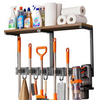 Supforce Broom Holder Wall Mount with Top Wooden Shelf, Heavy Duty Metal Cleaning Supplies Broom Hanger with Vacuum Organizer and 5 Slots & 5 Hooks for Laundry Garage Tool Storage Kitchen (Large) - size: Large
