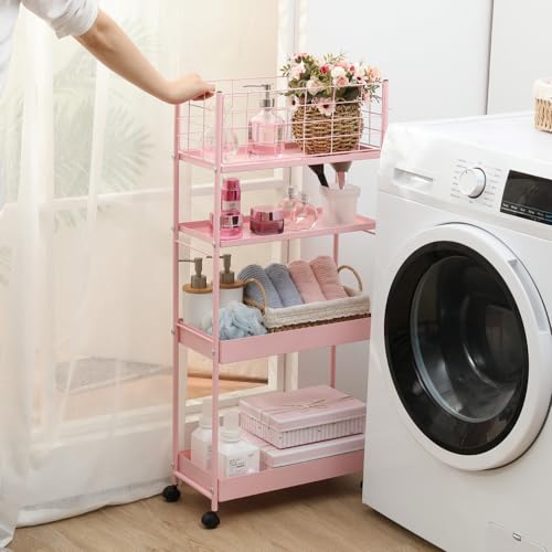 KINGRACK Slim Rolling Storage Cart 4 Tier - Heavy Duty Metal Utility Cart with Raised Edge & Wheels, Narrow Mobile Organizer Shelves for Bathroom, Kitchen, Laundry, Office, Living Room, Pink - color: Pink, size: 4-Tier
