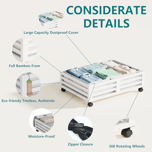 Under Bed Storage with Wheels-Large Bamboo Underbed storage Containers with Large Dust Bag Stackable Under the Bed Shoe Storage Bins for Clothes Books Bedding (2 Packs White, 23.62"L×16.54"W× 6.51"H) - color: 2 Packs White, size: 23.62"L×16.54"W× 6.5"H