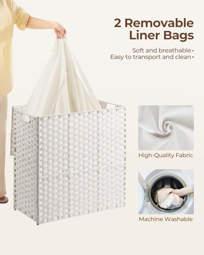 Greenstell Laundry Hamper with lid, No Install Needed, 130L Wicker Laundry Baskets Foldable 2 Removable Liner Bags, 2 Section Clothes Hamper Handwoven Rattan Laundry Basket with Handles, White - color: White, size: 130L (26.2x13.3x24.0 Inches)
