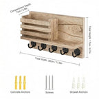 Wall Key and Mail Holder, Mail Organizer with 5 Metal Key Hooks, Selected Tung Wood, 11.8 x 6.7 inches, Includes mounting Hardware (Light Burn Color) - color: Light burn color