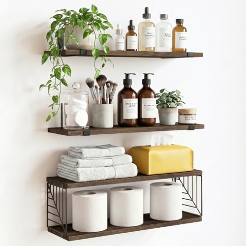 Fixwal Bathroom Floating Shelves Over Toilet, 15.8in Farmhouse Rustic Wood Shelves, Wall Decor for Bathroom, Living Room, Bedroom and Kitchen (3 Plus 1 Tier Dark Brown) - color: Dark Brown