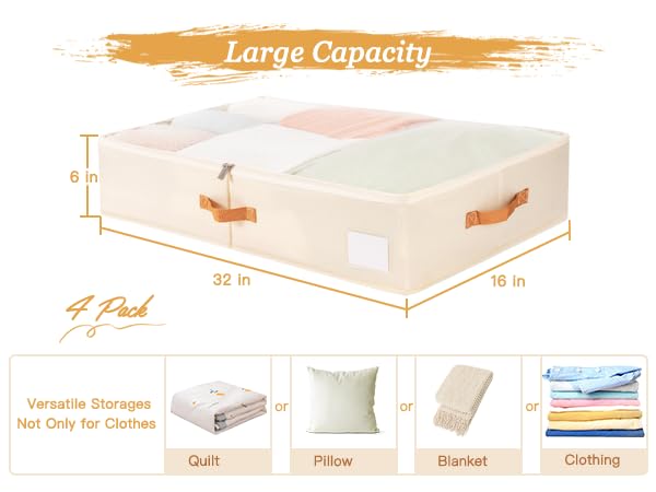 Criusia Under Bed Storage Bins with Clear PVC Lids – 4 Pack Large Underbed Organizers with Heavy-Duty Handles, Reinforced with 800G PP Panels & 80G Non-Woven Fabric – Waterproof & Foldable, Beige - color: 4 Pack Beige