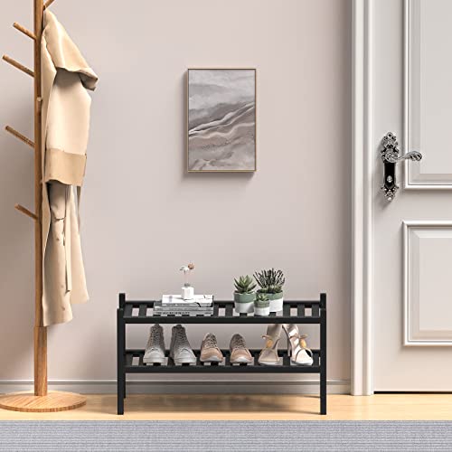 ROMGUAR CRAFT 2 Tier (Thick) Bamboo Shoe Rack for Closet Free Standing Wood Shoe Shelf for Entryway Small Space Stackable 27"x12"x14" (Black) - color: Black, size: 2 Tier(Thick)
