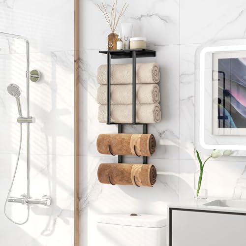 Towel Racks for Bathroom, Bathroom Towel Rack Wall Mounted with 2 Tiers Rolled Towel Holder, Towel Storage can Holds 3 Large Rolled Towels, Black - color: Black, size: 28 IN