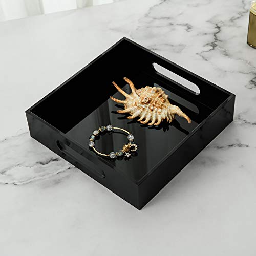 KEVLANG Black Sturdy Acrylic Tray with Handles-8x8 Inch- Countertop Organizer Tray for Kitchen,Bathroom,Office- Storage Box for Cosmetics, Jewelry,Toiletries,Toy,Gadgets - color: Glossy Black, size: 8" x 8" x 2"