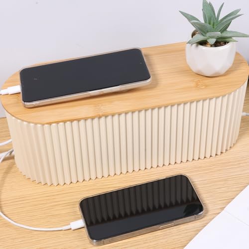 2Pcs Cable Management Box, 13 × 5.12 × 4.33 inch Plastic Cord Hider Box with Wood Lid, Hidden Storage Cord Organizer Box, Ample Internal Space Power Strips Cover Easy Access for Home Office