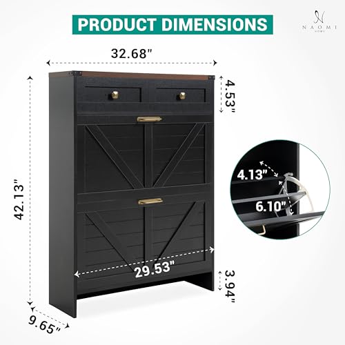 Naomi Home Berenice 32.68" Farmhouse Shoe Cabinet for Entryway with 2 Flip Drawers and 2 Storage Drawers - Slim Narrow Shoe Storage Cabinet, Black Shoe Organizer Cabinet - color: Black