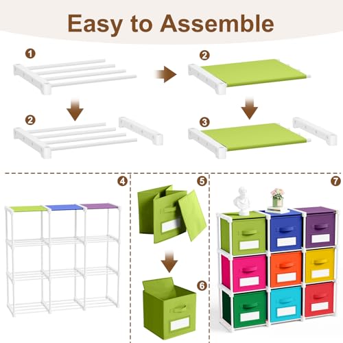 Geelin 9 Cube Toys Storage Organizer with Fabric Bins and Labels, 11 Inch Collapsible Cubby Storage Drawers Colorful Dresser with Shelf for Playroom Nursery Closet Bedroom Dorm Decor - color: Rainbow