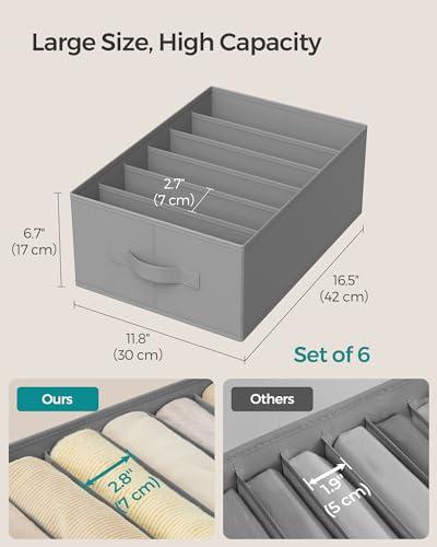 SONGMICS Set of 6 Large Size Wardrobe Clothes Organizers, 6-Compartment Foldable Drawer Organizers with Handles, 16.5 x 11.8 x 6.7 Inches, for Pants, Sweaters, Jeans, Dove Gray URUS009G03 - color: Dove Gray, size: 6 Pack