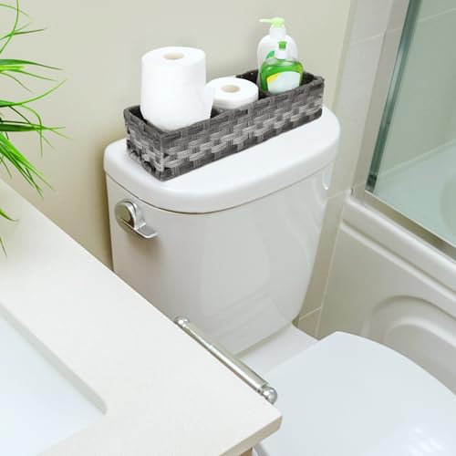 [Larger Compartments] Toilet Tank Topper Paper Basket - Multiuse Hand Woven Plastic Wicker Basket with Divider for Organizing, Rustic Farmhouse Bathroom Decor, Countertop Organizer Storage, Grey - color: Grey