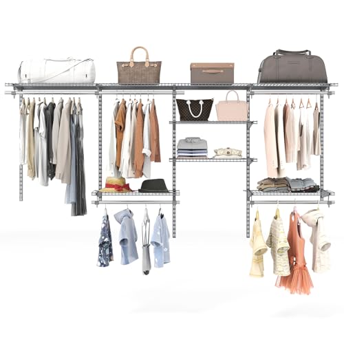 Giantex Closet Organizer System, Wall-mounted Custom Closet Kit w/Adjustable Storage Shelves, Wardrobe Clothes Rack w/Hanging Rods, Perfect for Coats, Pillows, Blanket (Gray, 98.5"x13.5"x48) - color: Gray, size: 98.5"x13.5"x48