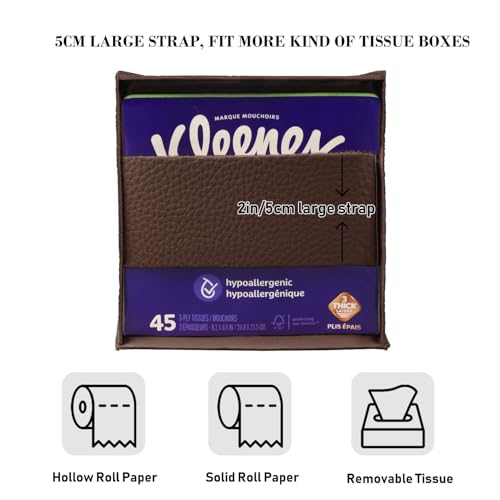 Tissue Box Cover Holder Square Tissue Cube Cover PU Leather Tissue Organizer with Bottom Belt for Bathroom, Tabletop, Car, Night Stands, Office, Home, Kitchen (2, CoffeeBrown) - color: Coffeebrown