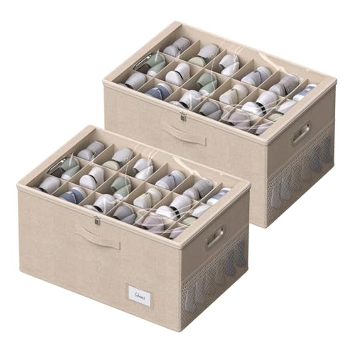 2 Pack Shoe Organizer for Closet Large Shoe Box Storage Containers with Clear Window Space Saving Shoe Bin with Foldable Bottom Support Adjustable Dividers Fits 36 Pairs (Beige, (24.4*16.5*13inch)x2) - color: Beige, size: (24.4*16.5*13inch)x2