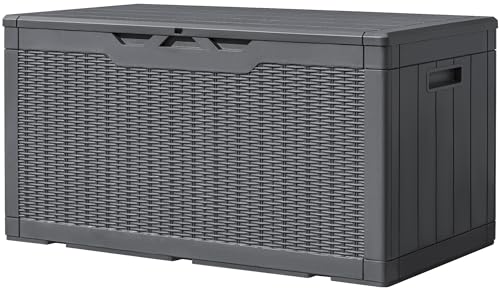 Greesum 100 Gallon Resin Deck Box Large Outdoor Storage, Imitation Rattan Weave Texture for Patio Furniture, Garden Tools, Pool Supplies, Weatherproof and UV Resistant, Lockable, Gray - color: Gray, size: 100 Gallon