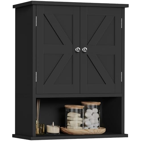 TEENFON Bathroom Wall Cabinet, Over The Toilet Space Saver Storage Cabinet with Barn Doors & Adjustable Shelf, Hanging Medicine Cabinet, Black UNGGX003HV1 - color: Black