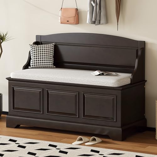 Knocbel Rustic Entry Storage Bench with Hidden Compartments and Removable Cushion, Wooden Entryway Hallway Foyer Shoe Bench Bedroom End of Bed Bench (Espresso and Beige) - color: Espresso and Beige