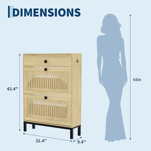 2-Door Flip Front Shoe Cabinet with Adjustable Shelves – Hidden Entryway Storage Organizer for Hallway, Foyer, Living Room – Freestanding Wooden Shoe Rack with Large Capacity & Modern Design, Natural - color: Natural Oak, size: 9.45"D x 31.4"W x 43.4"H