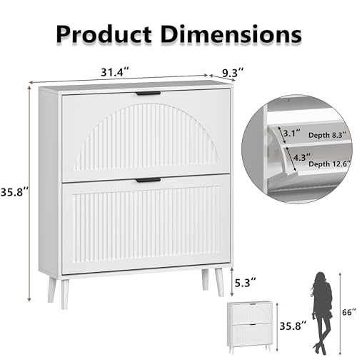 BORNOON Shoe Cabinet for Entryway with 2 Flip Drawers, Slim Wooden Shoe Storage Organizer with Modern Fluted Pannel，Freestanding Narrow Hidden Shoe Rack for Hallway, Foyer, Living Room - color: White, size: 2 Flip Drawers