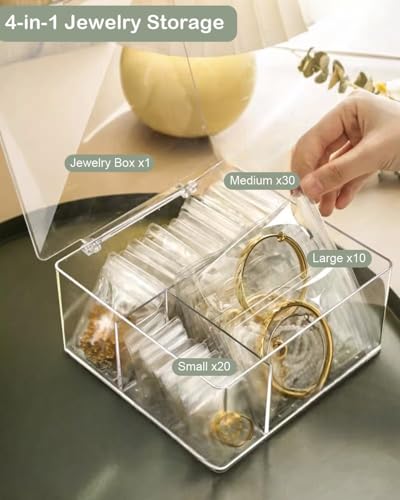 4 In 1 Acrylic Jewelry Organizers and Storage with 60 Portable Anti Tarnish Jewelry Bags, Clear Jewelry Box Organizer, Travel Jewelry Case for Earrings/Rings/Necklaces for Women Girls - style: 4-in-1 Jewelry Box