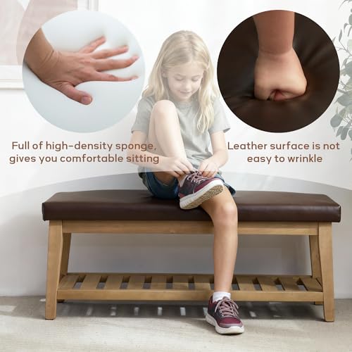 HUIMO Entryway Shoe Bench with Cushion, End of Bed Bench,Upholstered Bench for Kitchen, Bench with Solid Wood Shelf, Leather Ottoman Bench for Hallway, Living Room (PU-Brown) - color: Pu-brown