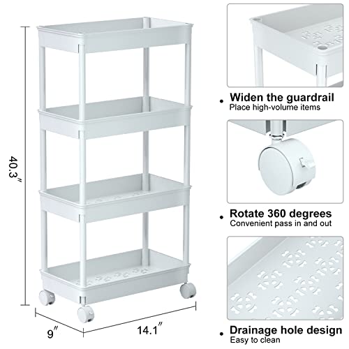 Sooyee 4 Tier Wide Storage Cart Mobile Shelving Unit Organizer Slide Out Storage Rolling Utility Cart Tower Rack for Kitchen Bathroom Laundry, Plastic & Stainless Steel,White - color: White, size: Wide