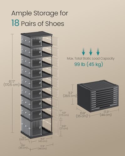 SONGMICS Foldable Shoe Storage Organizer for Closet, Stackable Sneaker Cabinet with Magnetic Door, Large Plastic Container Bins for Entryway, 9-Tier for 18 Pairs, Transparent and Ink Black ULSP918BH01 - color: Transparent + Ink Black, size: 9 Tiers (18 Pa