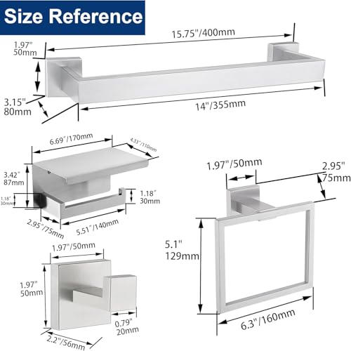 5 Pieces Bathroom Hardware Accessories Set Brushed Nickel, 16Inch Square Towel Racks Set for Bathroom, SUS304 Stainless Steel Towel Bar Set,Toilet Paper Holder with Shelf Wall Mounted - color: Brushed, size: 16" 5pcs
