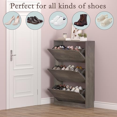 BORNOON Shoe Cabinet with 3 Flip Drawers, Hidden Wood Shoe Cabinet,Freestanding Shoe Storage Cabinet for Entryway Hallway - color: Grey, size: 3 Drawers