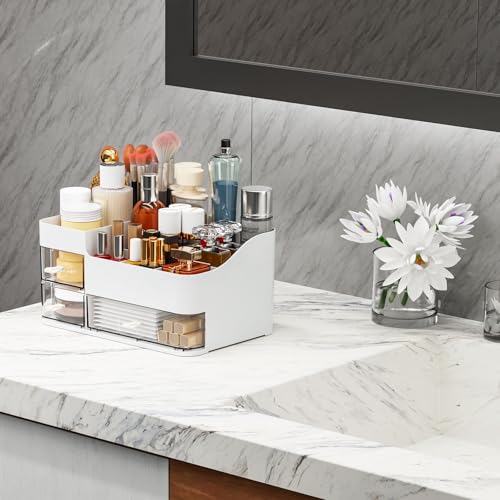 SuoXing White Make up Organizers for Vanity,Large Plastic Bathroom Counter Organizer With Drawers,Skincare Organizers and Cosmetic Storage for Dresser Top Skin Care,Beauty Products and Brush Holder - color: White