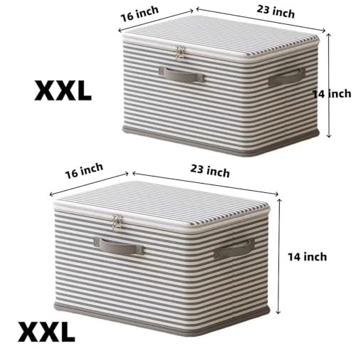 Foldable Storage Containers, Beige Striped Fabric Boxes with Lids, Stackable Closet Organizer Bins for Bedroom, Clothing Storage (Gray, XXL) - color: Gray, size: XXL