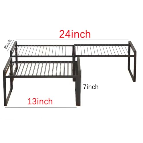Expandable Cabinet Shelf Rack Set of 2, 13"~24" L X 8" D X 7" H Stackable Kitchen Cabinet Organizer Shelves Set of 2 for Countertop Pantry Cabinet Accessories - color: Black
