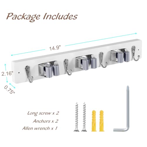 OUTNILI White Mop Broom Holder Wall Mount with 3 Slots & 4 Hooks - Wood Broom Mop Hanger for Pantry Kitchen Organization - Garden Tool Organizer for Closet Laundry Room - color: White-3 Grips, size: 1 Pack