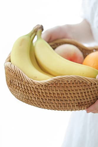 HITOMEN Handmade Rattan Bread Baskets Round Wicker Fruit Serving Storage Bowls, Natural Woven Decorative Kitchen Counter Organizing (Honey Brown) M-10.2" - size: Medium