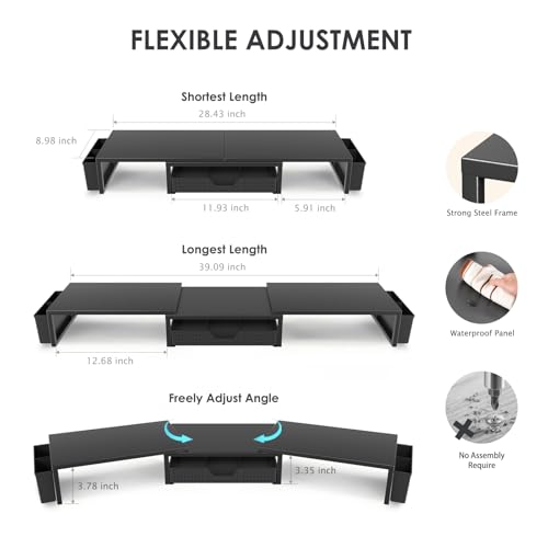 OPNICE Desk Organizers and Accessories, Dual Monitor Stand Riser with Drawer and 2 Pen Holders, Desk Shelf Metal Computer Racks for Office Workspace Organizers, Desktop Organization (Black Metal) - color: Black Metal, size: With drawer and pen holder