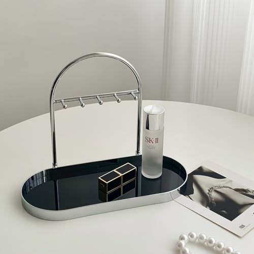 Shinpuru Metal Jewelry Organizer Stand & Key Holder Tray with Acrylic Base, Key Stand and Jewelry Tray with 5 Hooks, Perfect Key Bowl, Valet Key Tray, Ring Holder, Jewelry Dish (Silver Black) - color: Silver Black