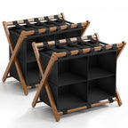 Bamboo Luggage Rack 2 Pack with 4 Storage Compartments, Foldable Suitcase Stand for Guest Room, 150lbs Capacity, Sturdy, Space-Saving and Easy to Assemble Organizer - color: Walnut 2 Pcs