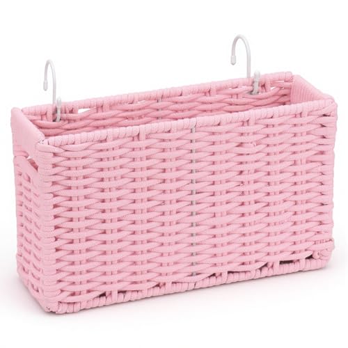 Cotton Rope Woven Bedside Caddy for Dorm Bed, Foldable Bedside Shelf Bunk Bed Accessories, College Dorm Room Essentials Hanging Organizers Storage Basket, Room Decor Magazine File Holder (Pink) - color: Pink