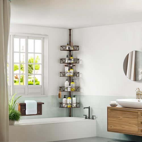 Skycarper 5 Tier Adjustable Corner Shower Caddy Organizer with Hooks,Rustproof Tension Pole 62-116 Inch,Bronze - color: Bronze