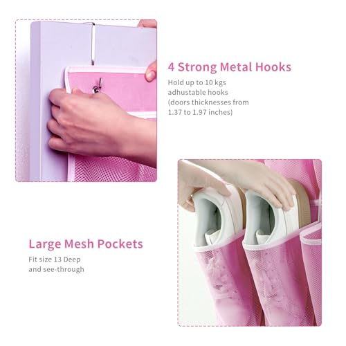 SAVERHO 35 Pockets Over the Door Shoe Organizer, Hanging Shoe Organizer for Door with 35 Mesh Pockets Large Capacity Shoe Hanging Storage Bag with 4 Metal Hooks (Pink-1Pack) - color: Pink-1pack of 35 pocket