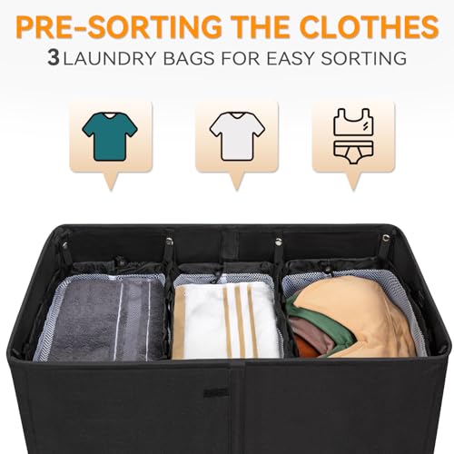WOWLIVE Laundry Hamper with Lid,160L Large Laundry Basket 3 Section with Removable Washing Bags,Collapsible Waterproof Dirty Clothes Hamper for Laundry Room Bathroom Dorm,Black - color: Black, size: 160L (24.8x 14 x 27.5 Inches)