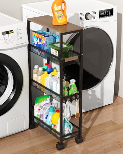 TIPGO Utility Slim Storage Cart, 4 Tier Rolling Cart with Wheels, Narrow Storage Cabinet for Bathroom, Laundry Shelves for Room Organization, Small Organizer for Kitchen, Office and Dorm (Black) - color: Black
