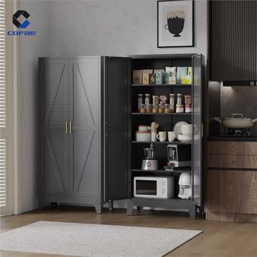 COFaR Metal Pantry Cabinet with Doors, Farmhouse 71'' Tall Storage Cabinet with 4 Adjustable Shelves, Kitchen Pantry Cabinet for Dinning Room, Garage, Laundry, Bathroom, Black 5-Tier - color: Black, size: 71 Tall 2 Doors-Farmhouse