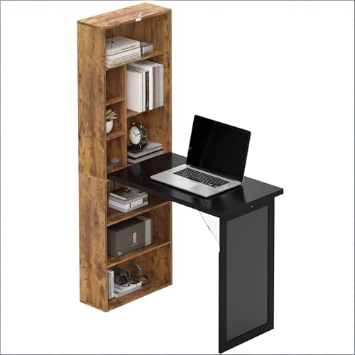 Folding Writing Desk with Storage Shelves, Fold Out Convertible Wall Mounted Table with Blackboard, Foldable Computer Murphy Desk for Small Spaces,Home Office (Natural) - color: Natural