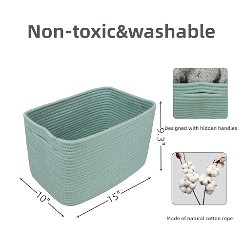 Cotton Rope storage Basket Bins Woven Basket for Organizing Shelves 15X10X9.3" Rectangle Decorative Baskets For storage Clothes Toys Books Towels Nursery basket organizer 3 pack Green - color: Green