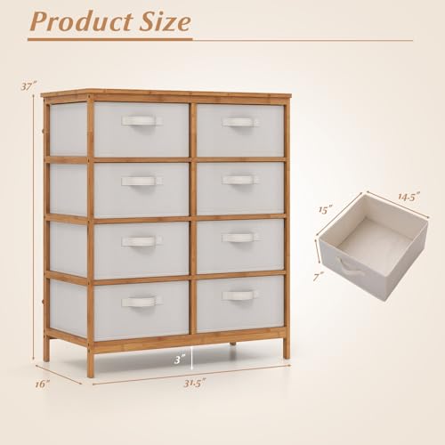 LOKO Fabric Dresser with 8 Drawers, Bamboo Storage Tower with Foldable Drawers & Top Shelf, Modern Chest of Drawers, Tall Vertical Organizer Unit for Closet, Living Room, Bedroom, Hallway - size: 16"D x 31.5"W x 37"H (8 Drawers)