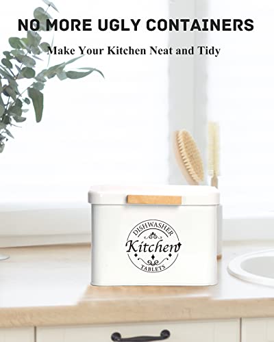 Dishwasher Pod Container with Hinged Lid. Farmhouse Metal Dishwaser Pods Holder for Kitchen Cabinet Organizer. Modern Kitchen Decor and Accessories. Dishwasher Detergent Tablet Storage(Cream) - color: Cream