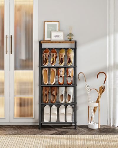 CHOEZON Shoe Rack, 5-Tier Slanted Shoe Rack, Narrow Shoe Storage Shelf, Slim Shoe Organizer for Entryway, Space-Saving, Wooden Top and Metal Frame, for Entryway, Hallway Rustic Brown and Black TXJ03BF - color: Rustic Brown, Black