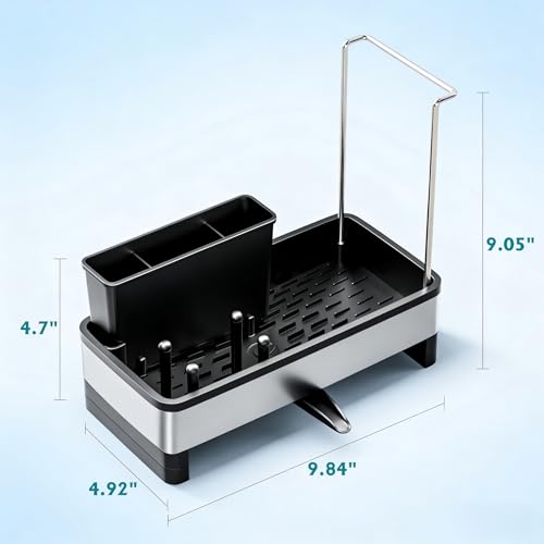 304 Stainless Steel Sink Caddy with Auto-Drain, Rustproof Sink Organizer, Sponge Holder with Removable Brush Holder & Towel Rack, Countertop Storage for Dish Soap Dispenser, Kitchen Sink Accessories